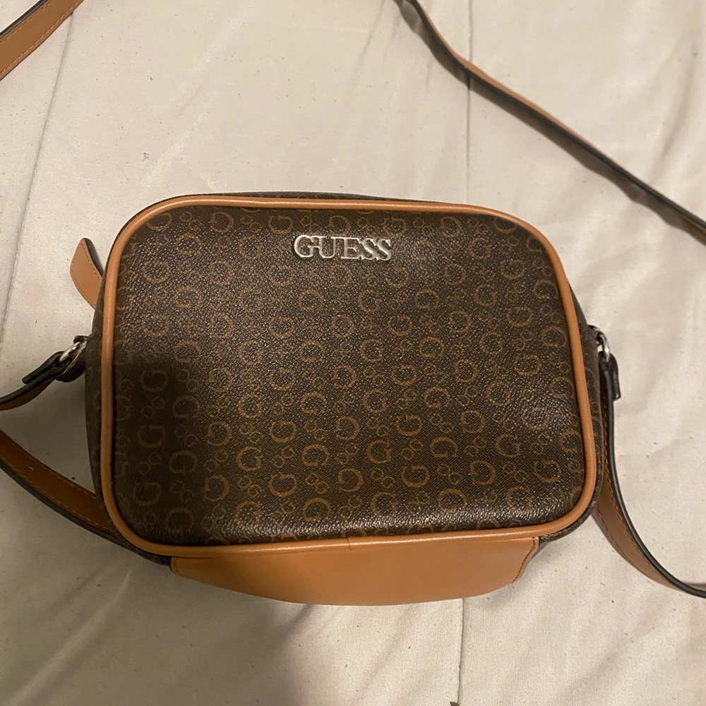 GUESS Brown Monogram Belt Bag with Tan Trim